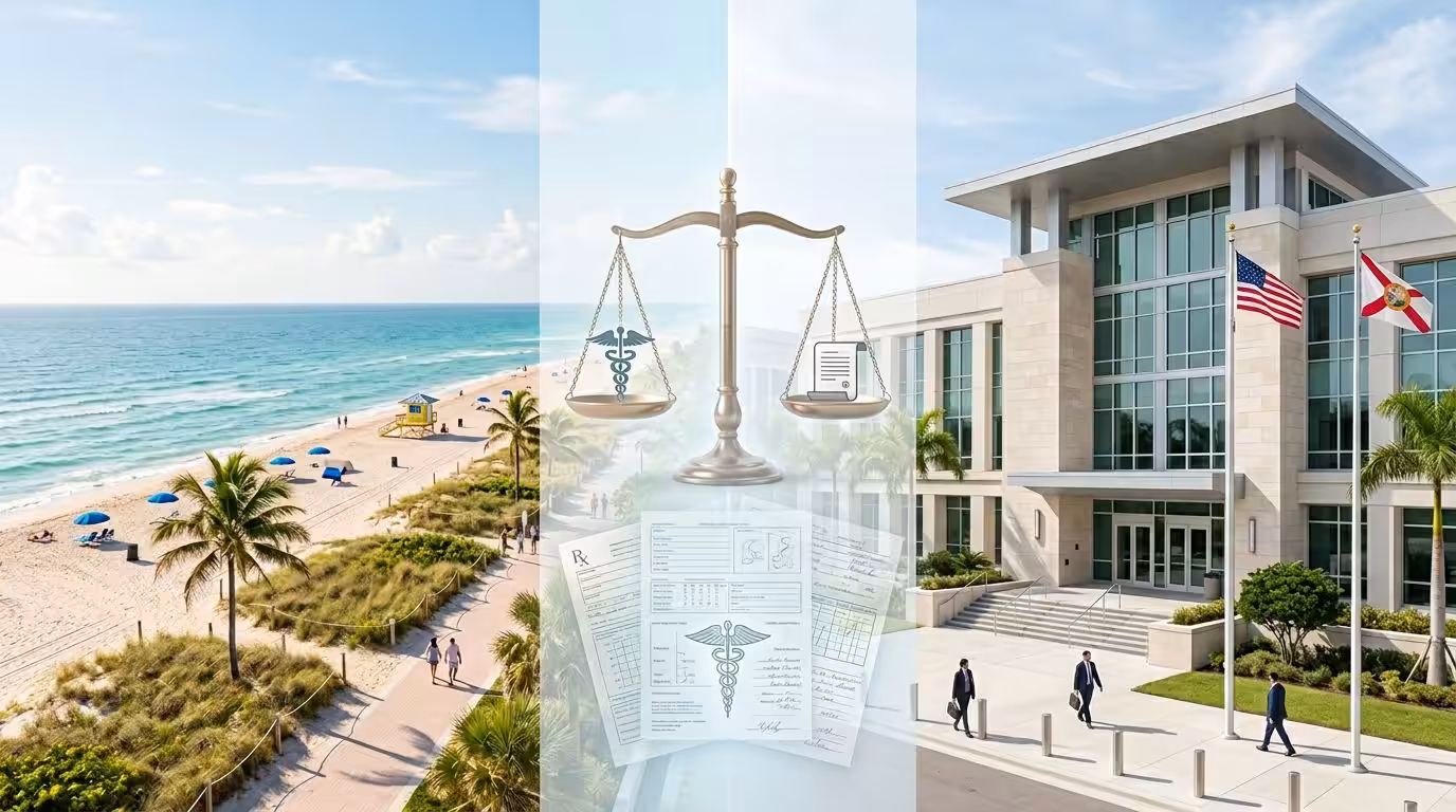 a Split Image Shows a Sunny Florida Beach on the Left, a Courthouse with U.s. and Florida Flags on the Right, and a Scale with Medical and Legal Symbols in the Center, Highlighting Issues Like Medical Debt and Chapter 7 Florida Bankruptcy Options. - Ziegler Diamond Law A split image shows a sunny Florida beach on the left, a courthouse with U.S. and Florida flags on the right, and a scale with medical and legal symbols in the center, highlighting issues like medical debt and Chapter 7 Florida bankruptcy options.