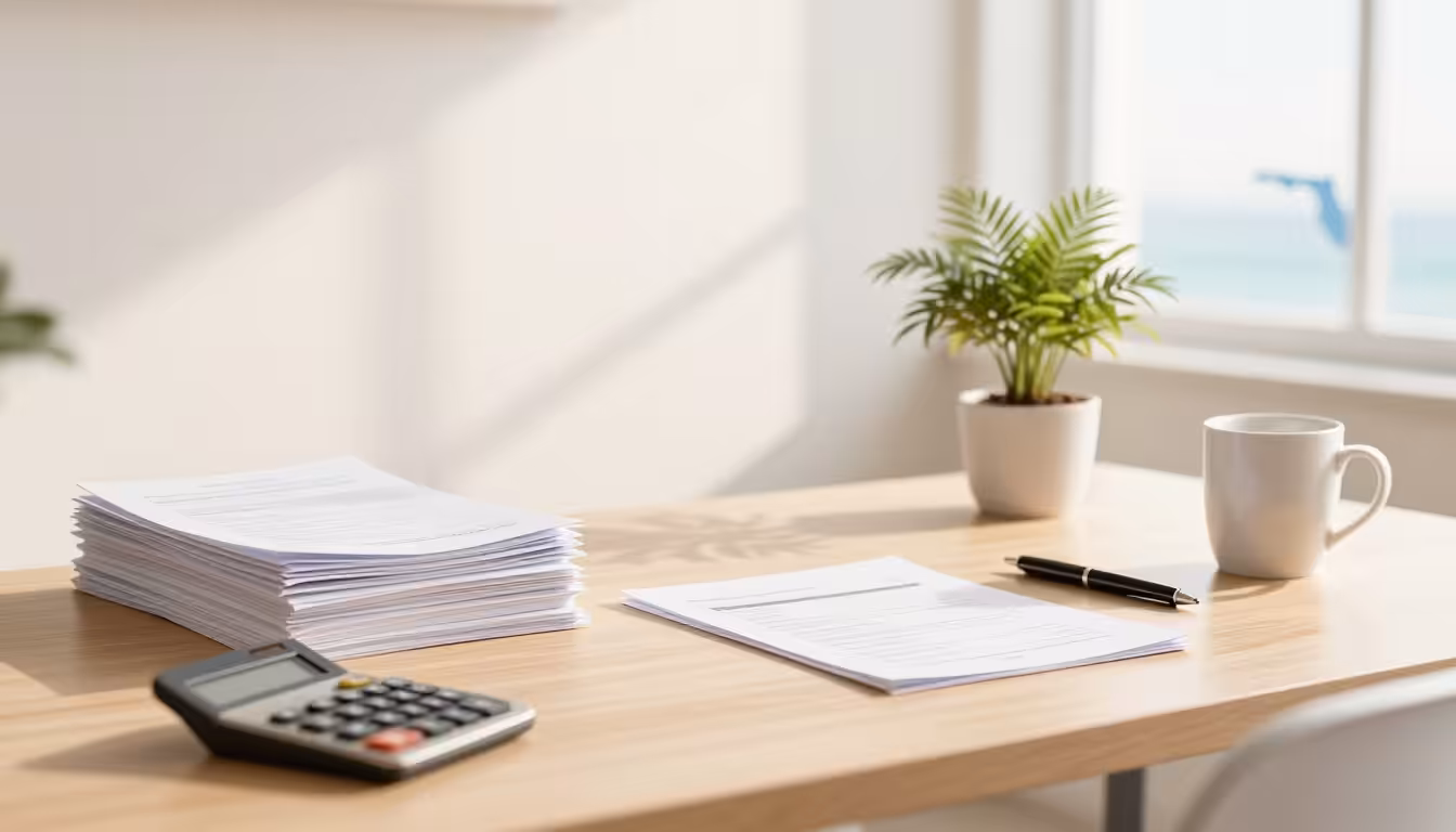 A tidy desk with a stack of papers, a calculator, and a pen sits next to a small potted plant—an ideal spot for reviewing your bankruptcy checklist before you file for Florida Chapter 7 Bankruptcy. Sunlight streams in, creating a bright and peaceful workspace.