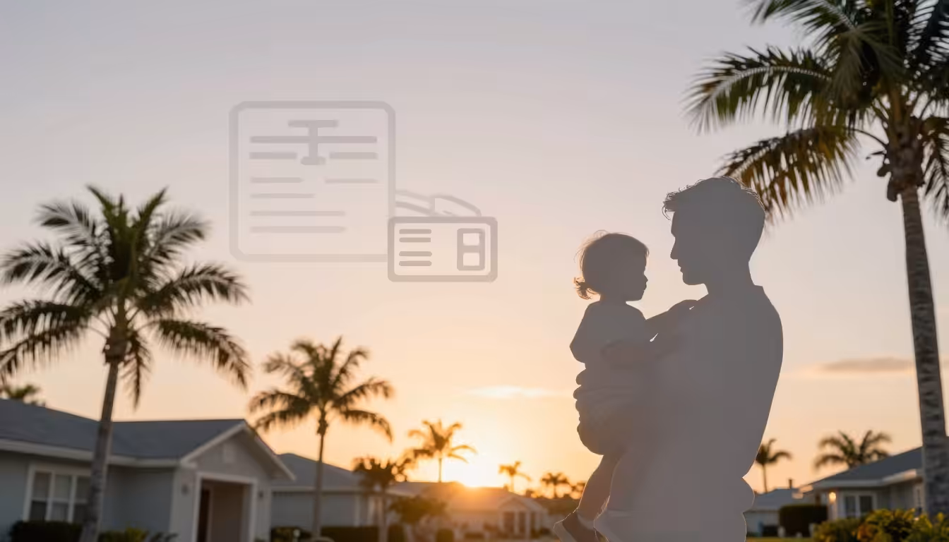 A silhouette of an adult holding a child at sunset, with palm trees and houses in the background, reflects the spirit of a Florida Head of Household. Faded icons of a document and a calendar suggest a claim for wage exemption in the sky.