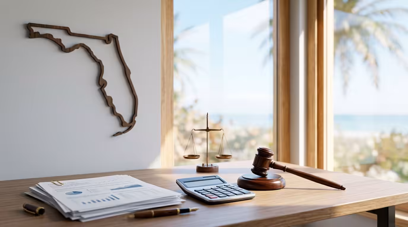 a Desk with Legal Documents, a Calculator, a Gavel, and Scales of Justice Sits by a Window Showing Palm Trees and Sunlight. a Wooden Outline of Florida Hangs on the Wall, Hinting at Florida Means Test or Chapter 7 Bankruptcy Guidance. - Ziegler Diamond Law A desk with legal documents, a calculator, a gavel, and scales of justice sits by a window showing palm trees and sunlight. A wooden outline of Florida hangs on the wall, hinting at Florida Means Test or Chapter 7 Bankruptcy guidance.