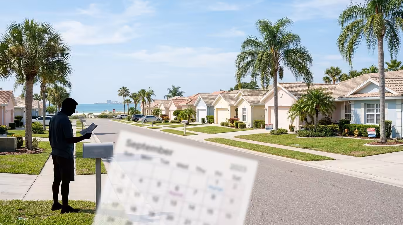 A silhouette of a person checks a mailbox on a sunny suburban street lined with palm trees and houses, with the ocean visible in the background and a blurred September 2023 calendar—a glimpse into Clearwater homeowners amid Florida foreclosures.