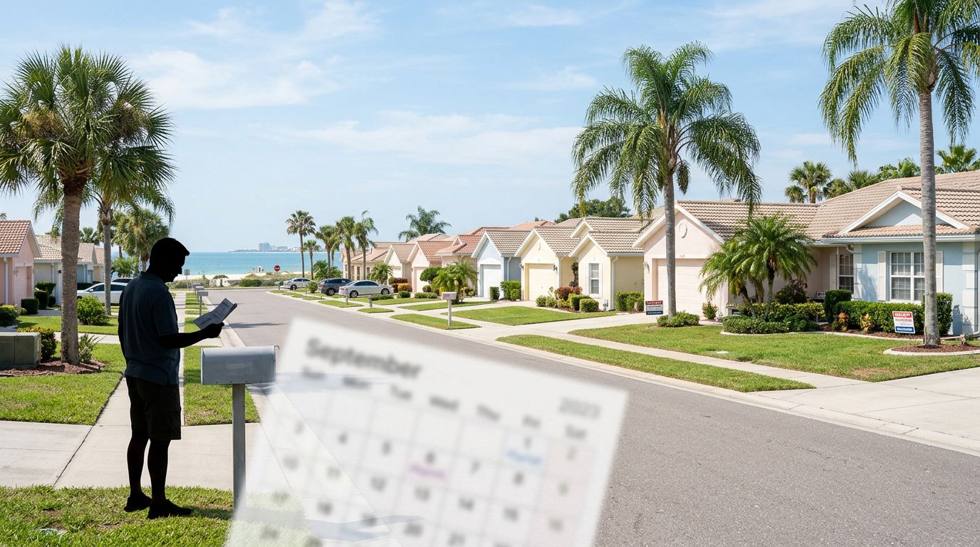 A silhouette of a person checks a mailbox on a sunny suburban street lined with palm trees and houses, with the ocean visible in the background and a blurred September 2023 calendar—a glimpse into Clearwater homeowners amid Florida foreclosures.