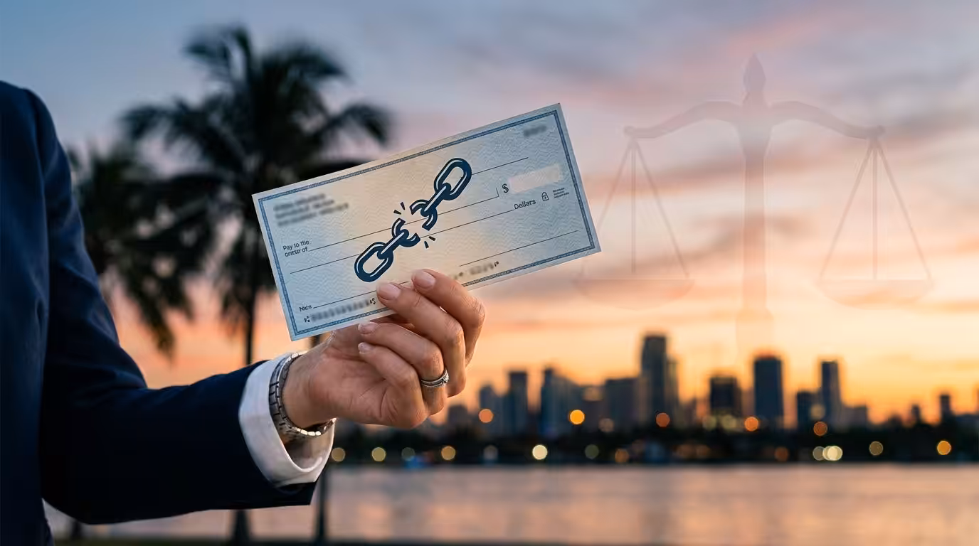 a Person in a Suit Holds a Check with a Broken Chain Illustration; a City Skyline, Palm Tree, and Faint Justice Scales Are Visible at Sunset, Symbolizing Efforts to Stop Wage Garnishment in Florida. - Ziegler Diamond Law A person in a suit holds a check with a broken chain illustration; a city skyline, palm tree, and faint justice scales are visible at sunset, symbolizing efforts to stop wage garnishment in Florida.