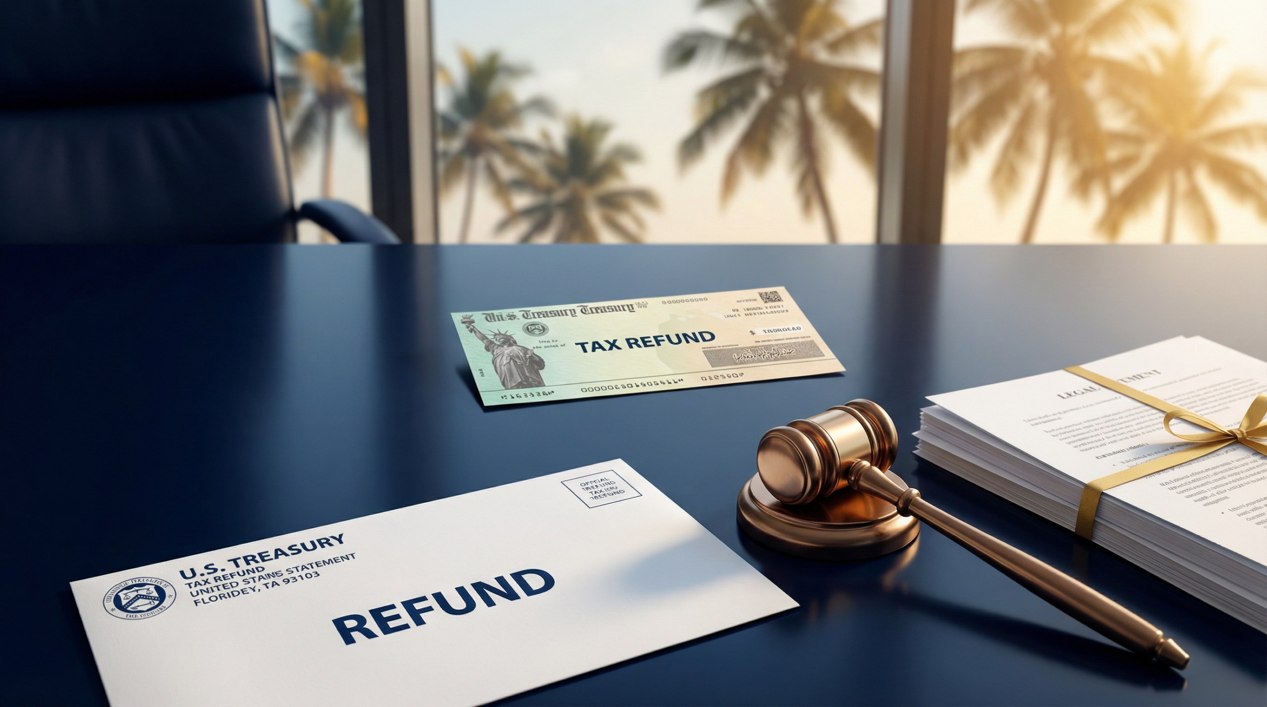 an Envelope Labeled Refund, a Tax Refund Check, a Gavel, and a Stack of Papers Sit on a Desk with Palm Trees Visible Outside the Window, Suggesting a Financial or Legal Office Setting. - Ziegler Diamond Law Tax refund check and gavel on a desk with Florida palm trees in background